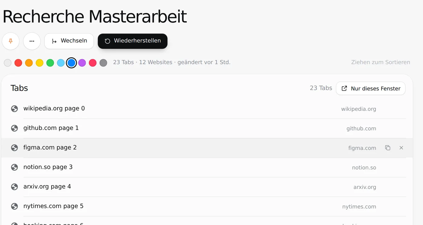 Eine Sammlung in Tabharbor mit ihren Tabs und den Knöpfen zum Wiederherstellen und Wechseln