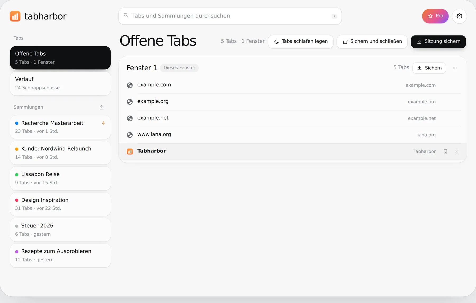 Tabharbor mit der Seitenleiste der Sammlungen links und deinen offenen Tabs rechts