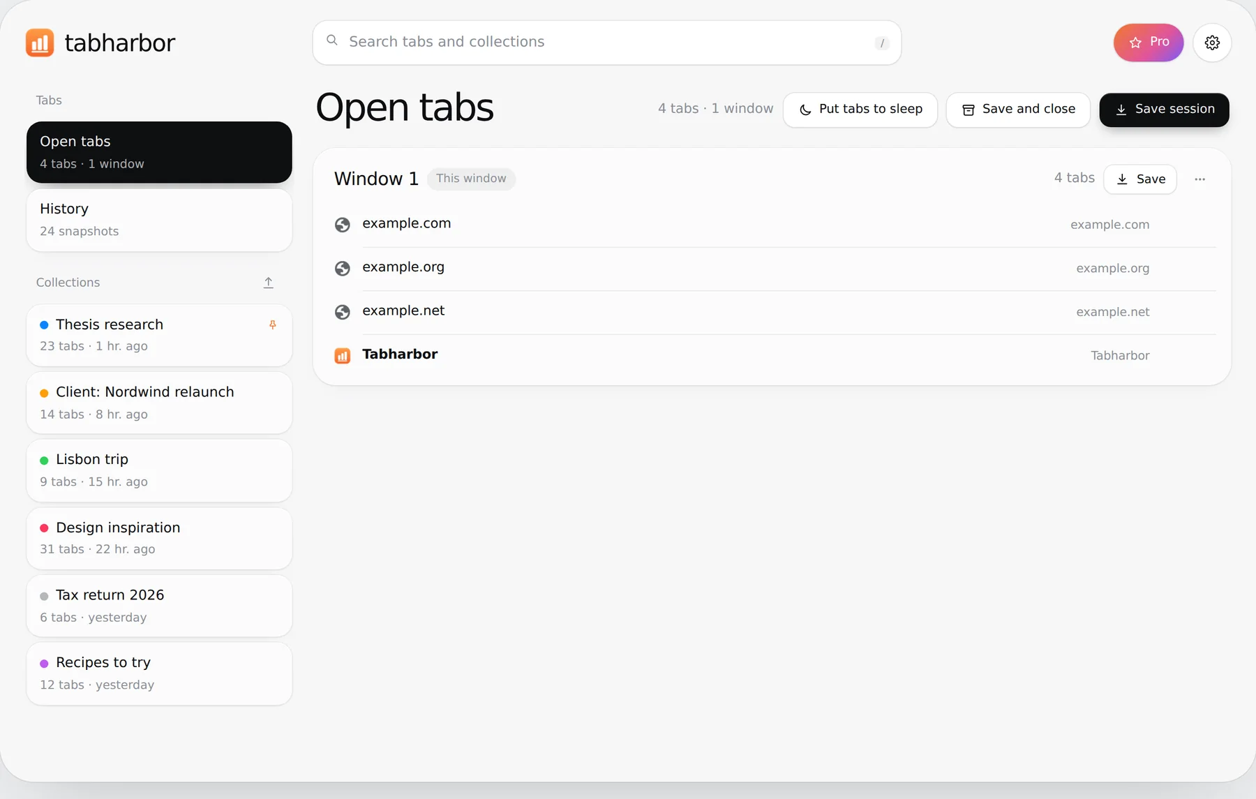 Tabharbor with the sidebar of collections on the left and your open tabs on the right